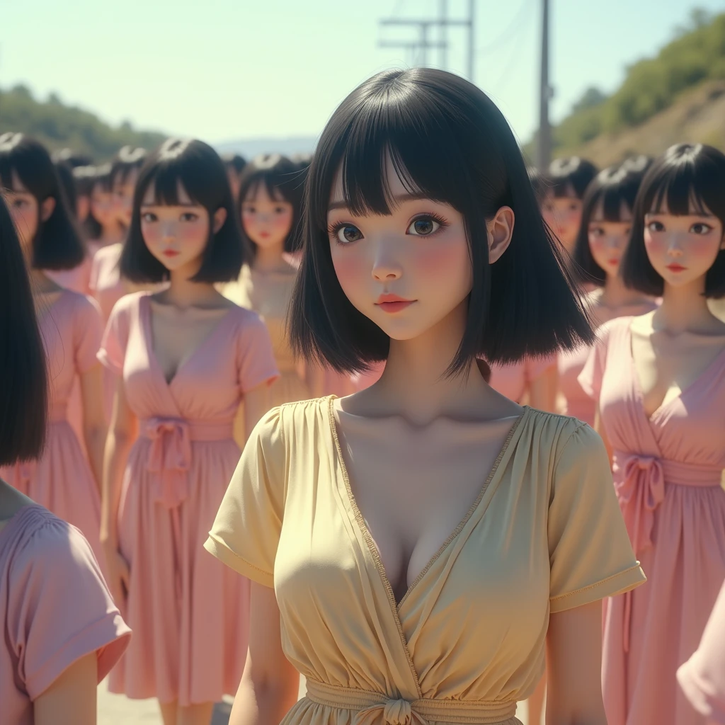 (((((Japanese Clone girls=Myself)))))), (((Best Super High quality Myself Clone girls Raw Photography Art))), (16K, Highest quality, Ultra-high resolution, RAW Photos), (((It's so unrealistic., With unparalleled depiction, With an unfathomable sight, An unprecedented and shocking worldview, Clone girls in a world of mass reproduction, Ultra-realistic))), (((Japanese, woman, 20yo, Saito-Asuka))), (Small face, ((Thick black hair, Semi-long hair))), ((V-neck short-sleeve dress)), (((((Very detailed美しい女体, Accurate body structure, Very detailed完璧な, Super busty body with very large breasts, Clearly emphasizes cleavage))))), (((Dark Eyes, Mature face, Cute Smile, A gentle gaze))), (((Her happy and smiling expression is so cute))), ((((((((Very detailed分身増殖描写, ((1girl→Myself cloning→1,000,000,000,000,000,000,000,000,000,000,000,000,000,000,000,000,000,000,000,000Myself Clone girls)))))))))), ((((((((Very detailed, The precise depiction of the proliferation of Myself Clone girls, ((With the perfectly identical bodies of Myself clone girls, With the exact same face as the Myself clone girls, With the exact same hairstyle as the Myself clone girls, In the exact same clothes as the girls who are my clones, Perfectly the same height as the Myself clone girls, Super big breasts, just like the Myself clone girls)))))))))), (((Myself clone girls only))), (((Multiple pairs, Very detailed depiction, (Myself clone girls hug each other, Myself clone girls assemble, Fun conversations with fellow Myself clone girls, A fun conversation between Myself clone girls, Myself clone girls holding hands, Walking with lots of Myself clone girls)))), (((Everyone looks at the camera))), (((Unbelievably crowded, Transcendent Myself clone girls intimately, Countless Myself clone girls surround you in 360 degrees))), (Bright, soft sunlight), (((Very wide field of view, Very detailed, Detailed ultra-perspective depiction with clear depth, super wide top view))), (((((Where there is a curved slope))))), (((Very photographic and detailed depiction, Myself clone girls will multiply infinitely and fill the surroundings from one side to the horizon with their bodies tightly packed together without any gaps., A scene of endless Myself clone girls and a fun atmosphere))), (Focus on the average value of the image)