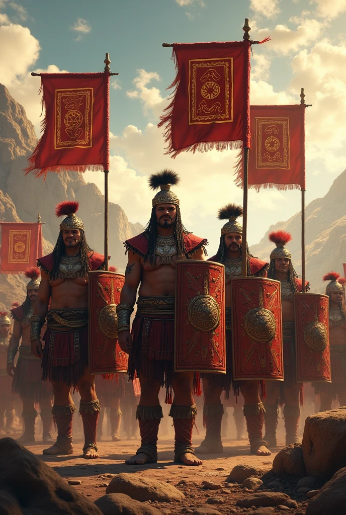 Inca warriors with rectangular shields, Their square banners have the symbol of the Andean chacana