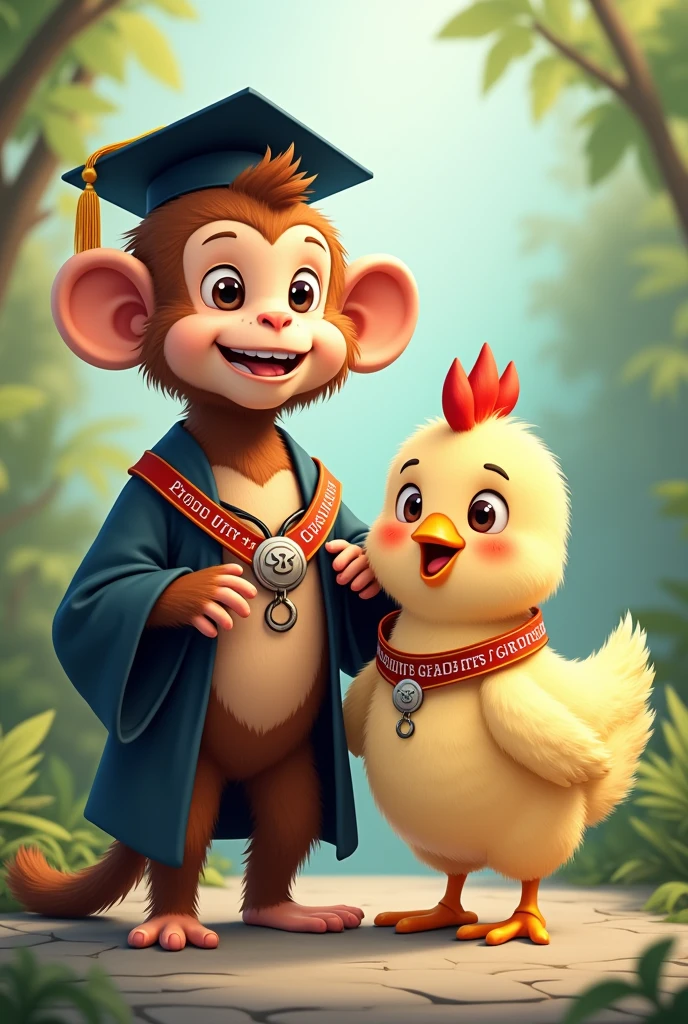 graduated monkey next to a little chicken with a band in the body that says proud graduate's girlfriend