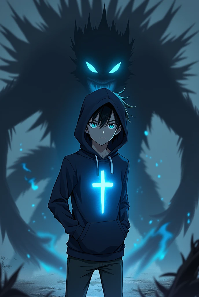 Anime boy wears a black hoodie with a light blue glowing cross on it and with light blue glowing eyes fighting with a demon.
