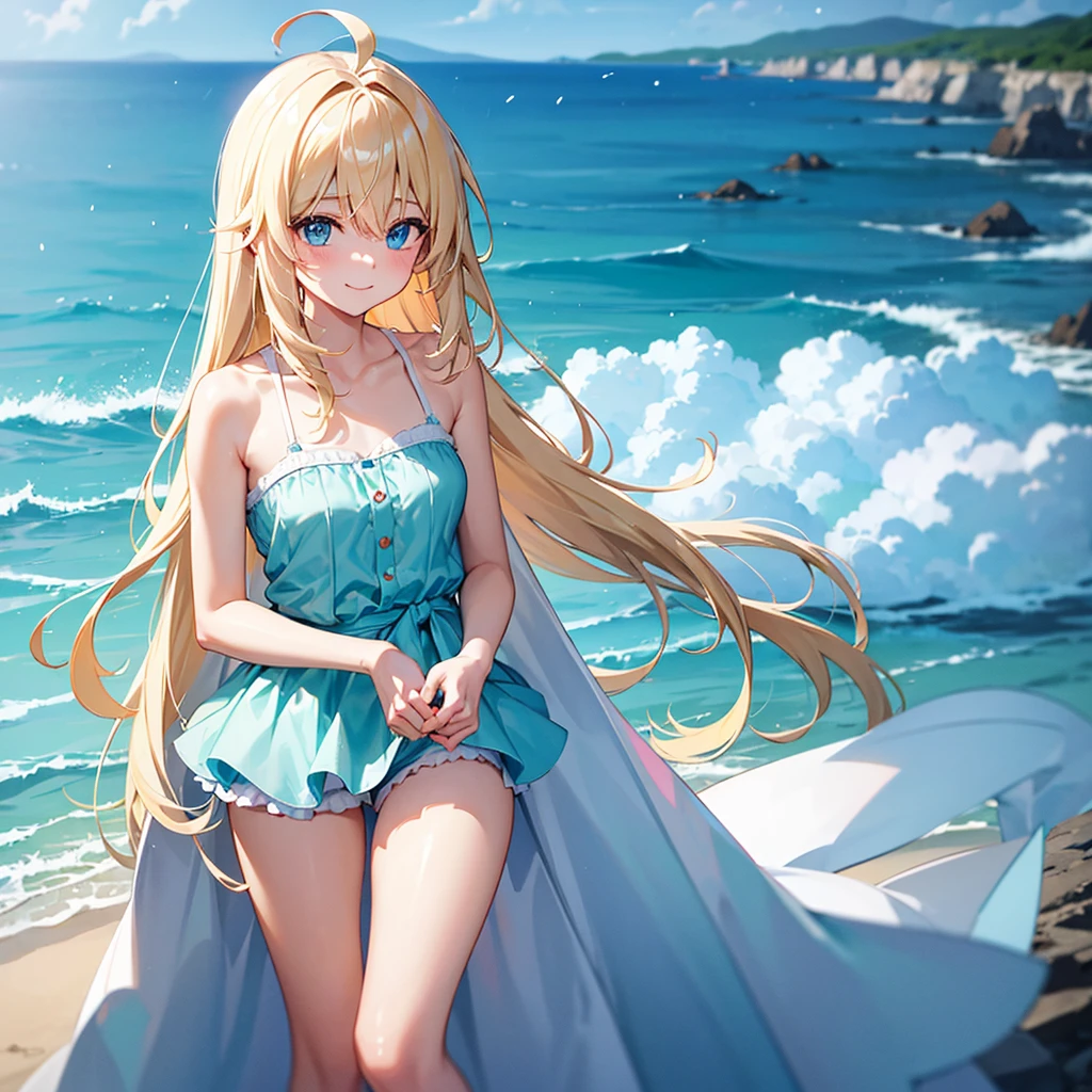 smile、Ahoge、Teal blue eyes、Blonde Long Hair、alone、in the rain、Sea view、White camisole、Light blue hot pants、Holding McDonald's fries in hand