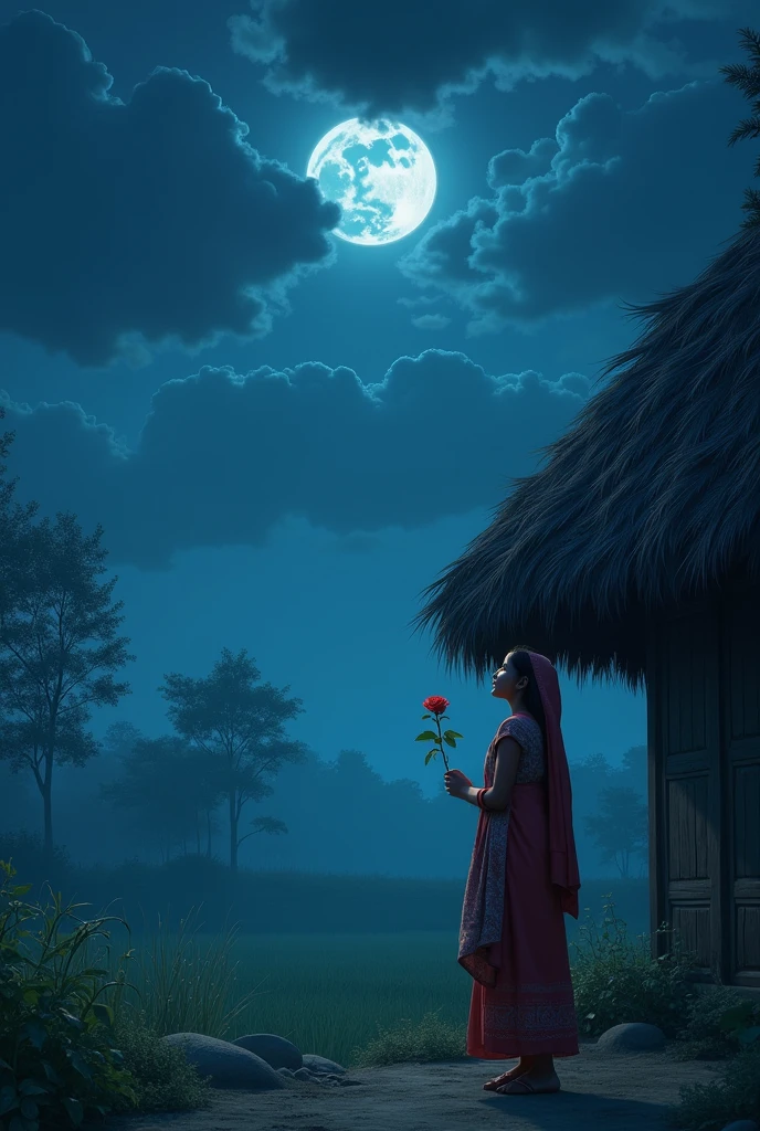 A young girl from Bangladesh is standing beside a traditional thatched house, holding a rose in her hand. It is nighttime, and she is gazing up at the moon. The scene is illuminated by the soft glow of moonlight, highlighting the serene rural landscape around her. She is wearing traditional Bangladeshi clothing, and the surrounding area is calm and peaceful, with the silhouette of the thatched house and the moon shining brightly in the dark sky.