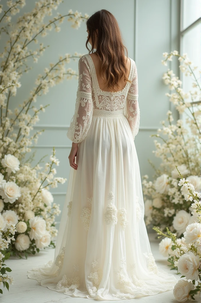 Generate photo backdrop with white flowers and long knit dress with white flowers