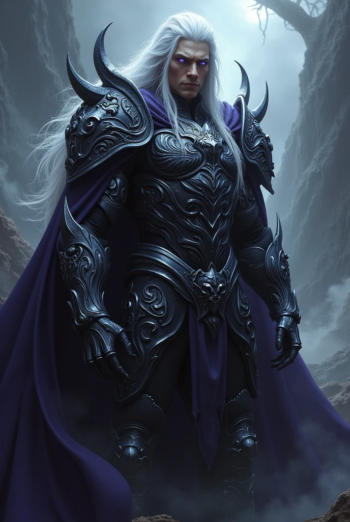 Create a beautiful and imposing prince of hell with armor, long white hair and lilac eyes