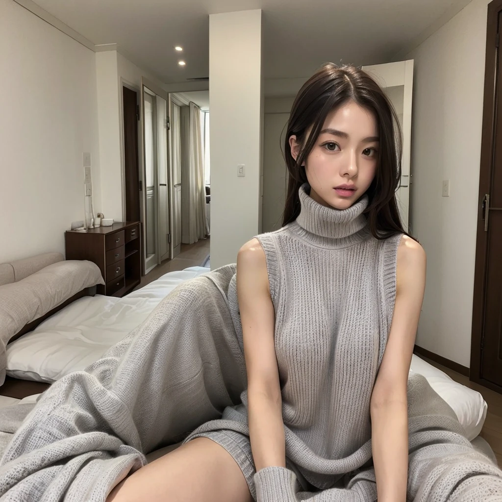 8k、(masterpiece, Highest quality:1.4)、Very realistic、Japanese、One woman only、Skinny athletic model、Flat Chest、Single Mother、Mature Woman、Wearing a white turtleneck sleeveless sweater、Wearing a grey mile at me、The whole body is shown and you can see the thighs.、In your room at home、