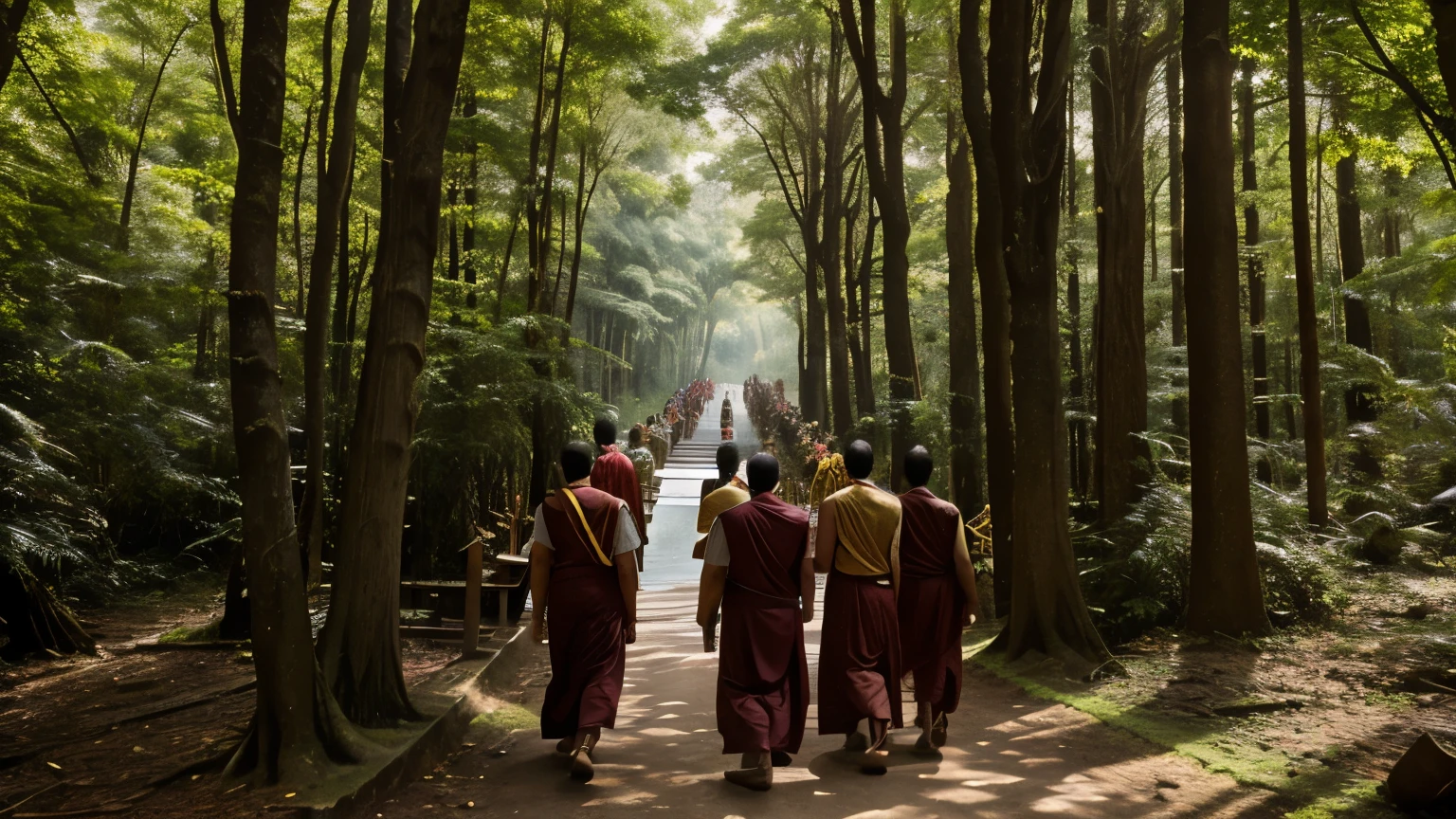 Lord Buddha and his disciples going through the forest