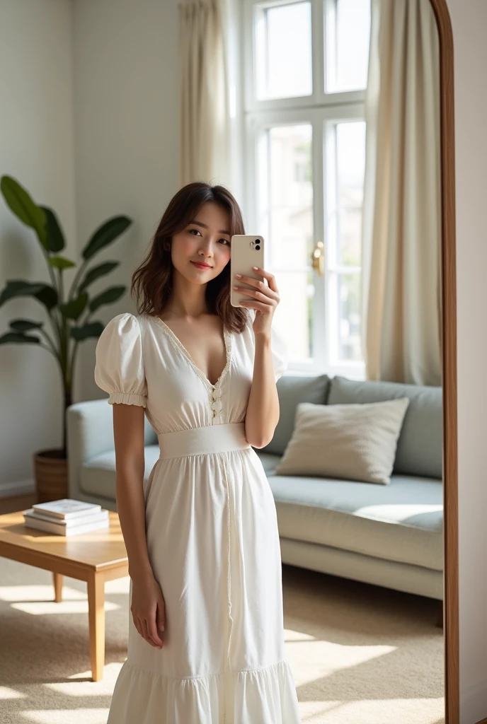 A young Caucasian woman in her twenties with slightly wavy, shoulder-length brown hair is standing in her modern living room. She wears an elegant white cotton dress with puffed sleeves and a V-neck, falling to her knees. The dress is fitted at the waist, highlighting her figure, and finishes with a slightly flared hem, adding a touch of lightness to her look. Her hair is left natural, falling gently over her shoulders, framing her delicately featured face. She holds her smartphone with one hand in front of a large wall mirror, capturing a photo of herself with a sweet, confident smile. The living room is spacious and bright, with modern and stylish furniture, including a light gray sofa with cushions in different textures and colors. A light wood coffee table, a few stacked books, and a potted green plant add touches of life and comfort. A large window lets in natural light, illuminating the scene with soft, warm light. In the background, a beige rug and light white linen curtains accentuate the contemporary and airy atmosphere of the room.