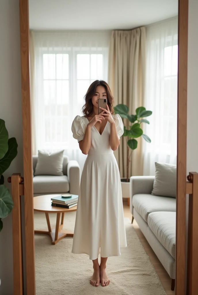 A young Caucasian woman in her twenties with slightly wavy, shoulder-length brown hair is standing in her modern living room. She wears an elegant white cotton dress with puffed sleeves and a V-neck, falling to her knees. The dress is fitted at the waist, highlighting her figure, and finishes with a slightly flared hem, adding a touch of lightness to her look. Her hair is left natural, falling gently over her shoulders, framing her delicately featured face. She holds her smartphone with one hand in front of a large wall mirror, capturing a photo of herself with a sweet, confident smile. The living room is spacious and bright, with modern and stylish furniture, including a light gray sofa with cushions in different textures and colors. A light wood coffee table, a few stacked books, and a potted green plant add touches of life and comfort. A large window lets in natural light, illuminating the scene with soft, warm light. In the background, a beige rug and light white linen curtains accentuate the contemporary and airy atmosphere of the room.
