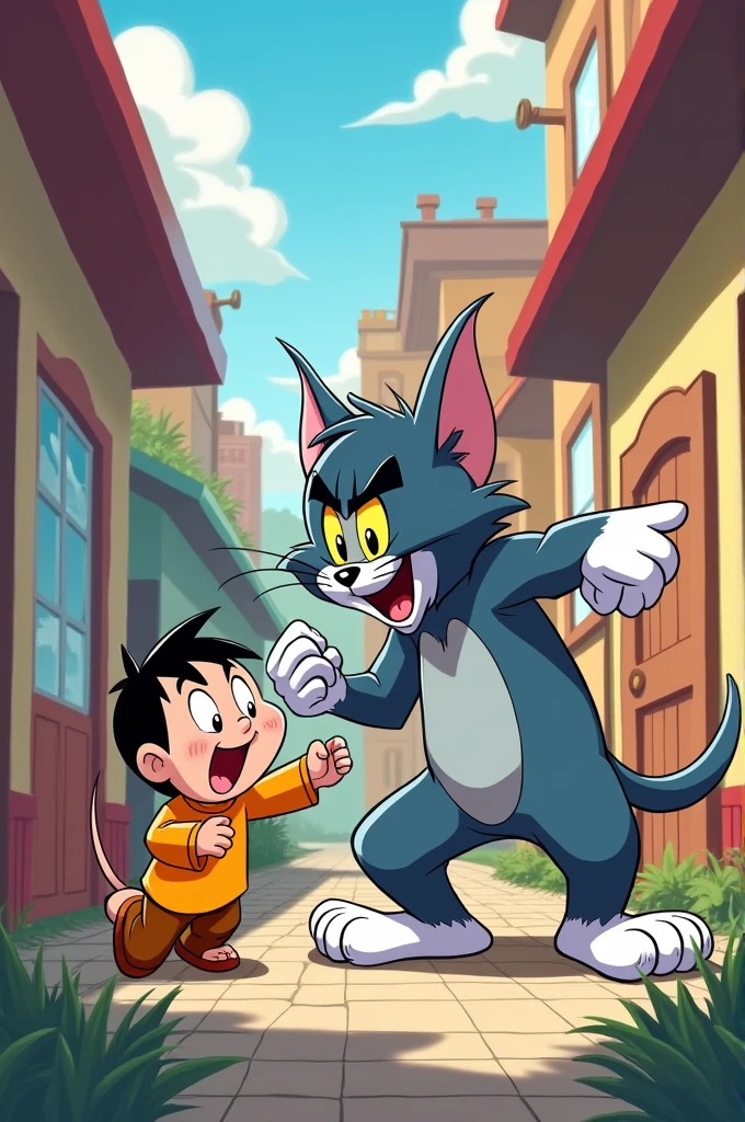Tom trying to catch what he believes to be Jerry, Shin-chan's hilarious attempts to outsmart Tom, and Jerry himself enjoying the chaos from the sidelines