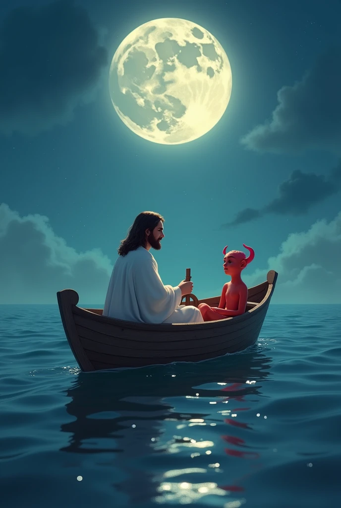 "On a calm, moonlit ocean, Jesus and the cute red devil sit together in a small wooden boat. Jesus, dressed in his white robes, is at the helm, steering the boat with a peaceful expression on his face. The cute devil, with tiny horns and pink ears, sits close by, looking up at Jesus with a mix of curiosity and trust. The soft glow of the moon reflects off the gentle waves, creating a serene and almost magical atmosphere. The boat drifts quietly through the water, surrounded by the vastness of the sea under the night sky. The scene is depicted in hyper-realistic, ultra HD quality, with every detail of the boat, water, and characters brought to life with rich, vivid colors."