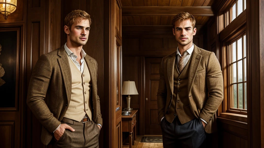 English country gentleman, 30, ruggedly handsome, Theo James reminiscent, receding ginger blonde hair with a widows peak, broad, beefy, muscular build, short beard, standing in a stately home with high ceilings and wooden paneling, wearing a tweed jacket, contrasted against an atmosphere of a foreboding storm outside visible through a large mullioned window, warm with nostalgic undertones, digital painting