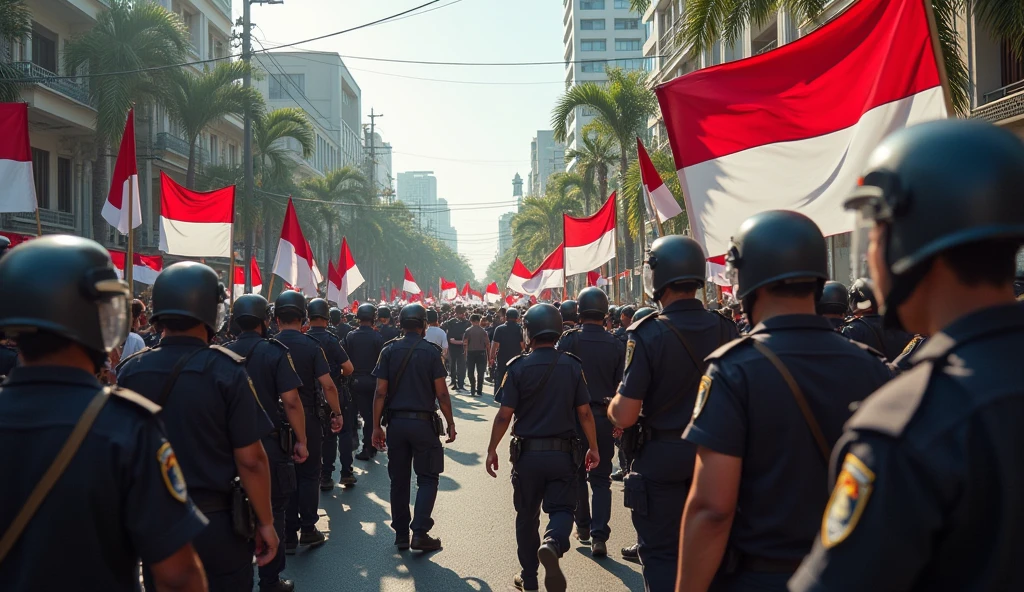 Images of the destruction of Indonesian democracy, The community and students took to the streets to voice their aspirations, many carrying Indonesian flags, the police against the people and students