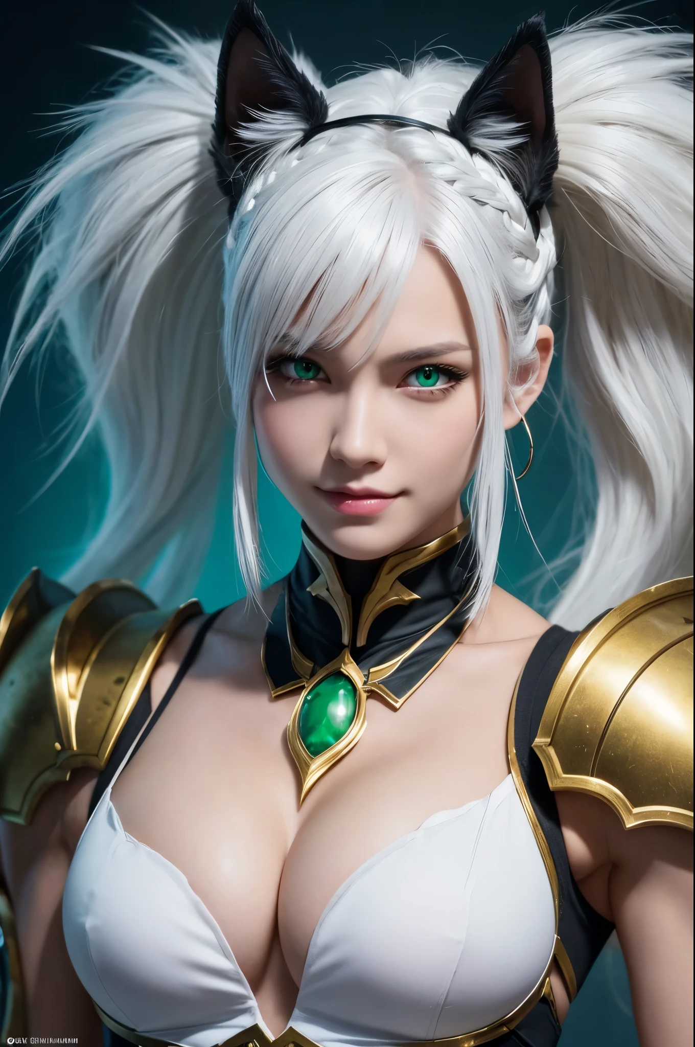 8k,Magnificent Fangs,white mohawk hair,A close-up of a girl wearing a white cat ear costume(Like the real thing) ,Muscular macho body,Gorgeous green and black armor,white mohawk hair,Lavish decoration,Green Eyes,Ultra-Realistic Skin,Fangs are visible from the mouth,Portrait of a Knight, ig model | ArtJam, Very detailed artgerm, Fan Art Best Art Station, 2. 5d cgi animation,Gorgeous Mature Paladin, Detailed digital anime art, Alexandra Fomina Art Station, ArtJam ; 3d unreal engine５,Ultra-high resolution,A kind smile,Strong,Highest quality photorealistic RAW photos。Backlight、Cinema Lighting、Film Grain、50mm lens、Nikon D850、Ultra-Realistic Skin、Fantasy art、Character Art、Ultra-high resolution、muscular and slim body、Ultra-Realistic Skin、Super Muscular Beauty,Clenching his fist and striking a dynamic pose,Showing cleavage,Super Muscular Beauty,Female bodybuilder body types,Very large breasts,