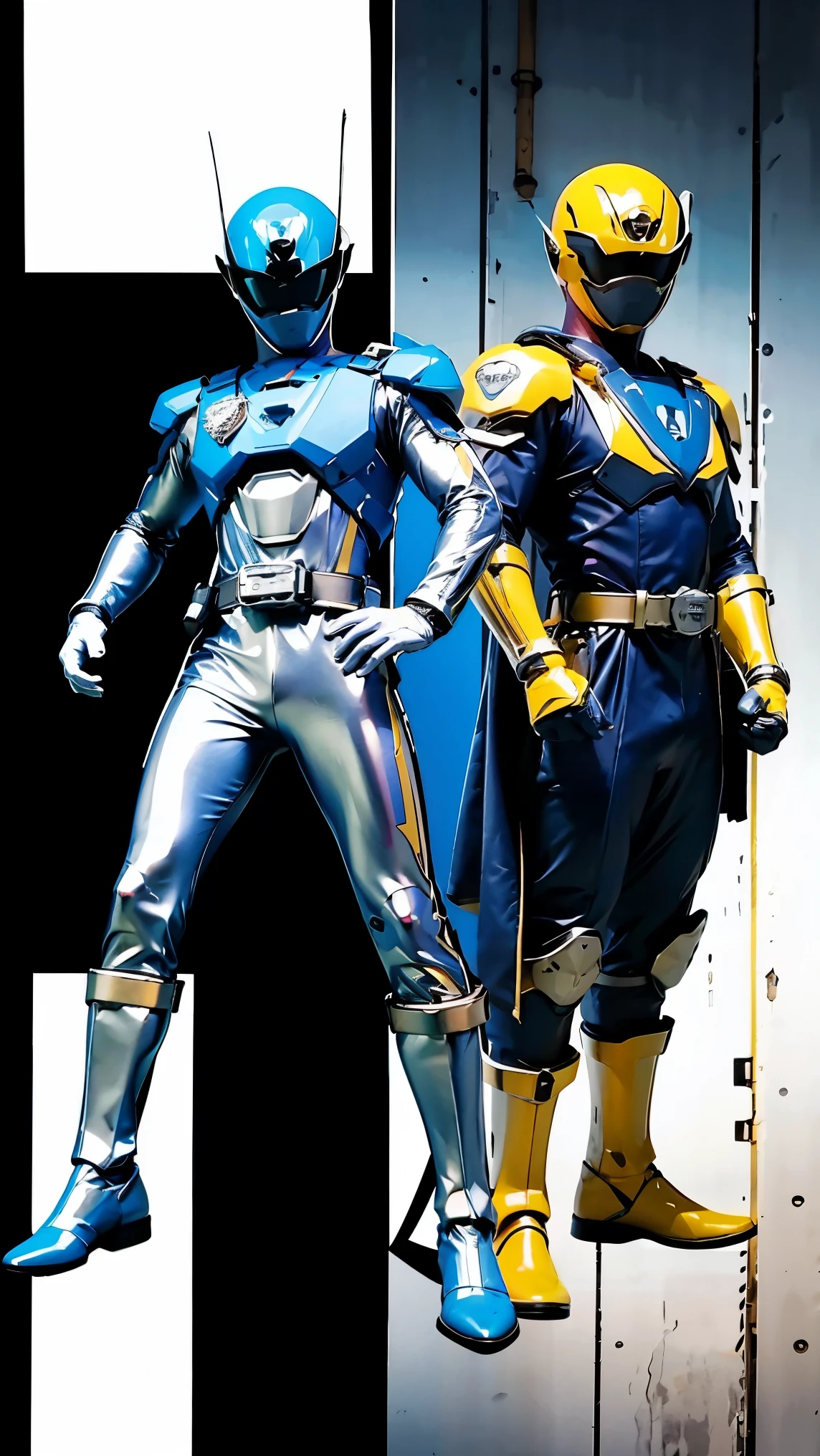 1boy, full body, Illustration, cinematic light, high resolution, best quality, ultra-detailed, masterpiece, power suit, powerranger, suit, spd, gold detail, ((silver suit)), thunder particle, lightning,  ((ninja inspired pose))