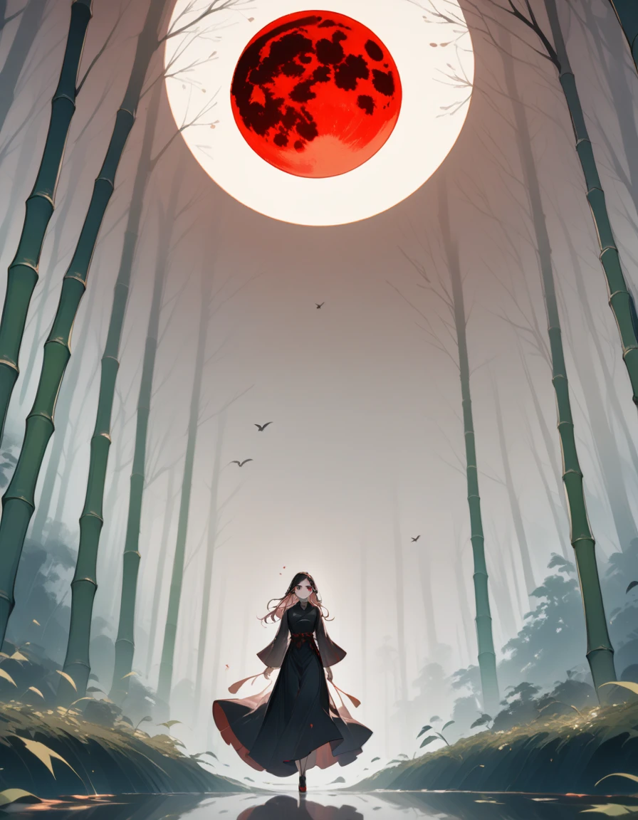 Dynamic ink painting of the Japanese bamboo forest, great art, great depth, ground photography, the world's most beautiful bamboo forest, a woman under the red moon (high-quality make-up glamorous earrings with red eyes) It's raining in a very high-quality painting, and the high-quality raindrops are visible