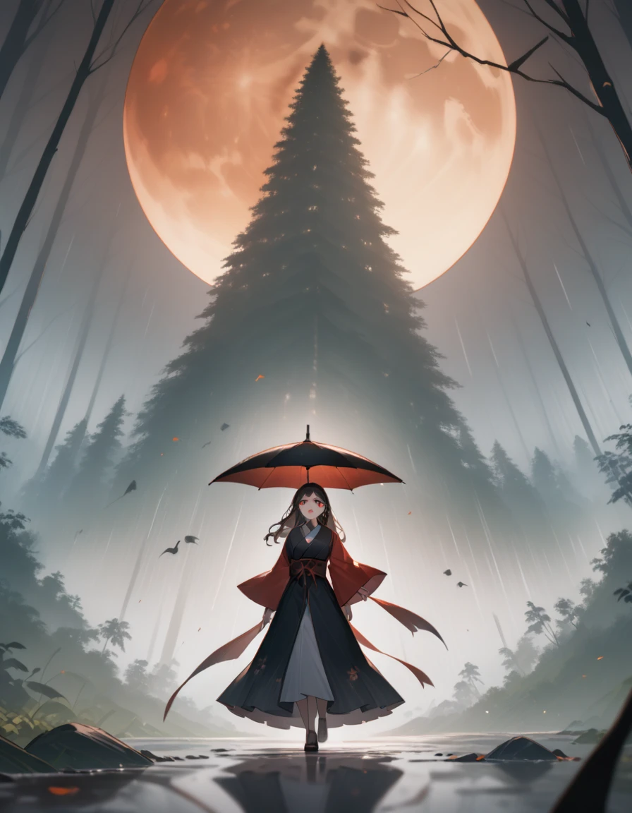 Dynamic ink painting of the Japanese bamboo forest, great art, great depth, ground photography, the world's most beautiful bamboo forest, a woman under the red moon (high-quality make-up glamorous earrings with red eyes) It's raining in a very high-quality painting, and the high-quality raindrops are visible
