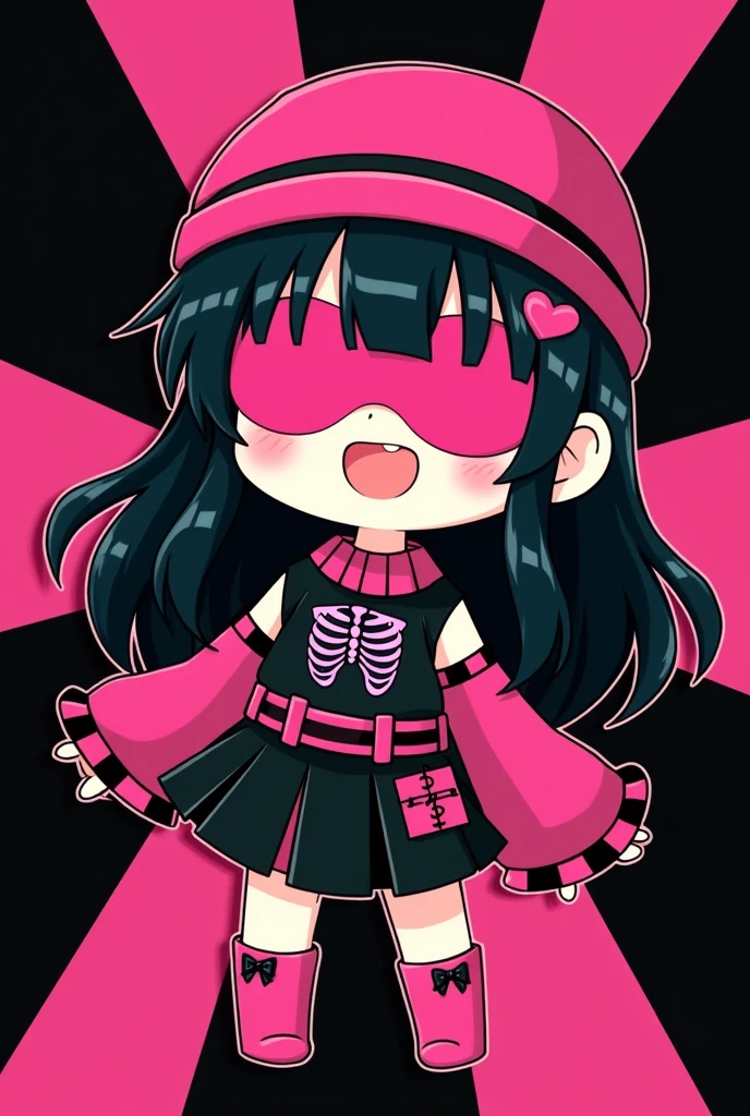 You can create an image of a chibby scene character who wears black hair spread out to her hips and wears hot pink bangs that cover her eyes with black stripes on the bangs, Her skin is normal and she wears hot pink knee-high boots with a short black skirt., a hot pink belt with black and hot pink squares, a shirt with sleeves cut from the shoulders to the hands and a black shirt with a picture of ribs and a bright pink heart, She is wearing a Russian ushanka and her expression is happy and she is waving against a black background with hot pink stripes