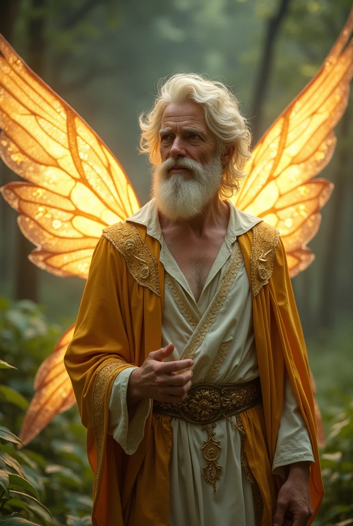 A King of the Fairies, who is about forty years old. He has light blonde to white hair and a short beard in the same color. His wings shine in a soft gold. He smiles.