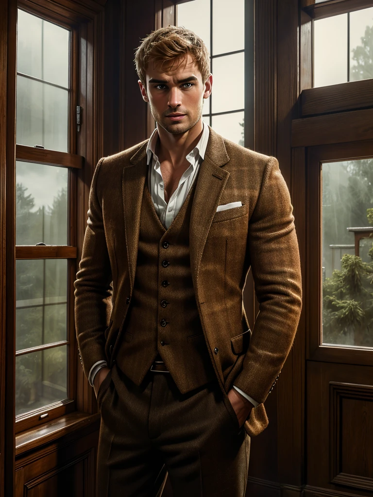 English country gentleman, 30, ruggedly handsome, Theo James reminiscent, receding ginger blonde hair with a widows peak, broad, beefy, muscular build, short beard, standing in a stately home with high ceilings and wooden paneling, wearing a tweed jacket, contrasted against an atmosphere of a foreboding storm outside visible through a large mullioned window, warm with nostalgic undertones, digital painting