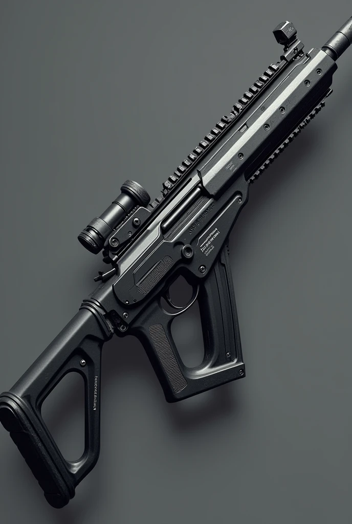 "Design a cutting-edge, futuristic automatic firearm named the Smith Auto Gun. This weapon should combine sleek modern aesthetics with high functionality. It features a modular design, allowing for customization with various attachments like scopes, suppressors, and extended magazines. The firearm has an ergonomic grip and adjustable stock for comfort during extended use.The weapon is chambered in a mid-caliber round, offering a balance between stopping power and recoil management. The gas-operated action should ensure smooth cycling, with an adjustable rate of fire, including semi-automatic, burst, and full-auto modes. Consider heat dissipation with cooling fins on the barrel or an advanced cooling system.Include intricate details on the fire selector switch, safety mechanisms, and ammunition feed system. The overall color scheme should be a blend of matte black and gunmetal gray, with subtle accents for visual appeal. The Smith Auto Gun should appear reliable, powerful, and ready for tactical or combat scenarios."