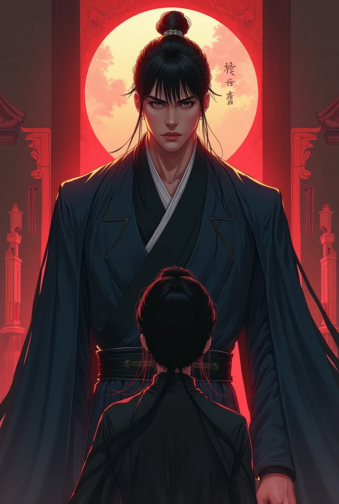 Create a manhwa image of a 2 man with straight, short black hair and a firm gaze, penetrating and intense and seductive eyes. He is muscular and has broad shoulders., dressed in imperial clothes.
He is 5 meters away from a 20 year old woman..