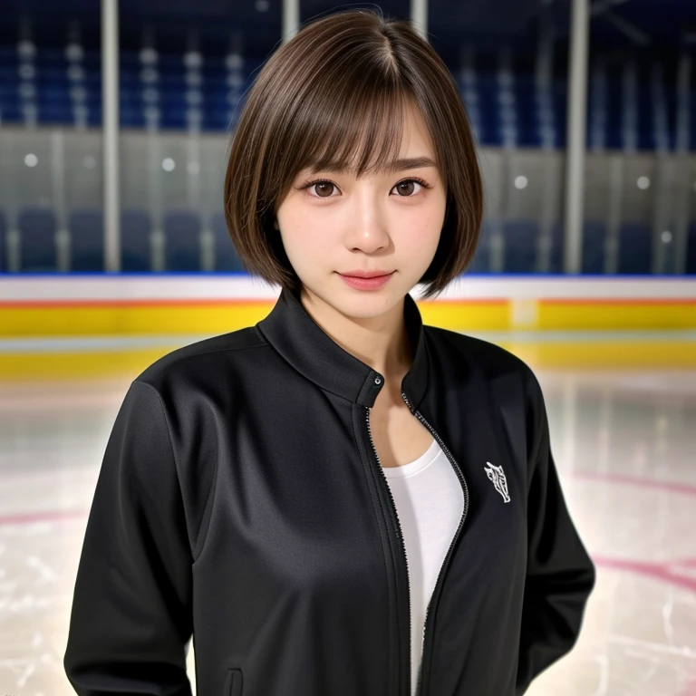 (kawaii 24 year-old Japanese girl, Nogizaka idol, Korean idol), healthy female athlete body, (glossy brown hair, short hair, pixie cut, bangs:1.3), (rounded face, beautiful black eyes, single eyelid, no makeup:1.2), (looking at away, empty eyes, sigh:1.4), (wearing black track jacket, sports leggins, speed skater:1.3), perfect shaped extra small breasts, BREAK, (ice hockey stadium background:1.3), (dynamic angle, bust shot:1.3), BREAK, (masterpiece, best quality, photo realistic, official art:1.4), (UHD, 8K quality wallpaper, high resolution, raw photo, golden ratio:1.3), (shiny skin), professional lighting, physically based rendering, award winning, (highly detailed skin, extremely detailed face and eyes), Carl Zeiss 85 mm F/1.4, depth of field, 1girl, solo,