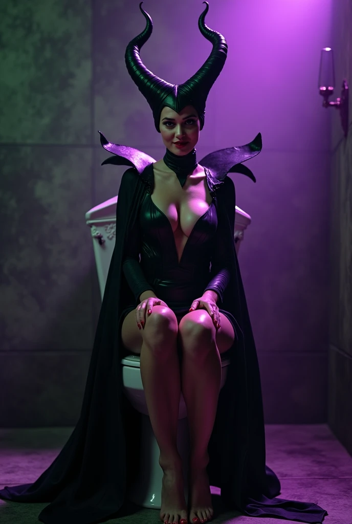 A stunning portrait of Maleficent sitting on a toilet in her dungeon, ornate toilet, emphasis on her horns, purple highlights, purple reflected light, in the nude, young and beautiful, hyper realistic, real portrait, backlit, exquisite features, cleavage, sexy, seductive, unnatural light, soft light, location is the interior of a dungeon, green light, eerie, purple highlights:1.4, she is smirking, she is busty, her chin is raised, looking down at viewer, low angle shot, exquisite features, exotic, high cheekbones, show her full horns, legs wide open,