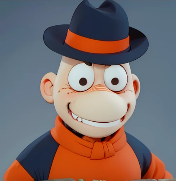 1Beetle, White Spike Lirchin Beetle, charcoal White skin, Circle tangerine-orange bags under eyes, no pupils, sharp teeth, Blue Fez Hat, Red Sweater Shirts, Orange Bow Tie, Blue Vest, Happy, Bar, Style of Moomin