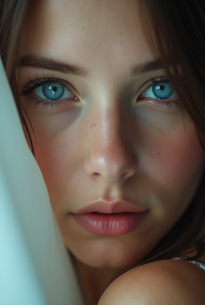 A close-up of a woman&#39;s blue eyes, softened look, linda