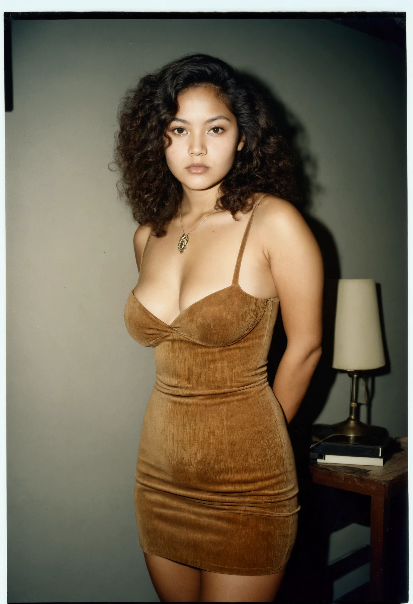 analog film photograph, Polaroid of a modern Sioux woman, 18-years-old, long, amazonian stature, athletic hourglass figure, busty breasts, narrow waist, full wide hips, big round buttocks, wearing a corduroy mini-dress, tan complexion, amber eyes, dark hair, long messy curls, posing on a pedestal, RAW Photograph, dslr, soft lighting, high quality, film grain, Fujifilm XT3, detailed skin with visible pores, insane details, masterpiece, 8k, 35mm photograph, dslr, kodachrome, faded film, desaturated, grainy, vintage, Lomography, stained, highly detailed, found footage