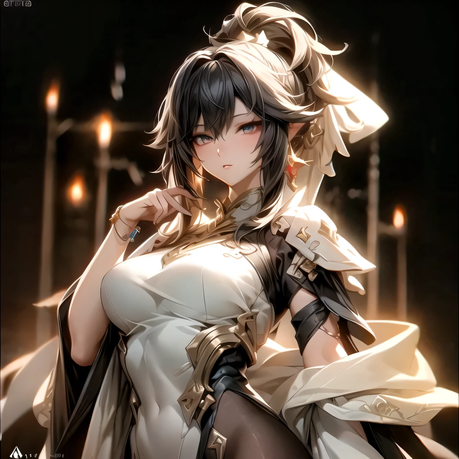 (best quality)), ((Masterpiece)), (details:1.4), 3d, HDR (high dynamic range), an image of a beautiful cyberpunk female, Black hair, High ponytail, Golden eyes, จมูกโด่ง, ปากแดง, หน้าอกใหญ่, nvidia RTX, PBR surface, After processing, Anisotropic filtration,depth of field, Maximum clarity and clarity, multi-layered surface, Subsurface scattering, perfect proportions, 8K raw files, ultra detailed, Perfect proportions, volumetric lighting, soft lighting, Holy Paladin, Heavy Blacke Armor, glossy skin, castle background, jewely, ต่างหู, นิ้วมือสมบูรณ์,