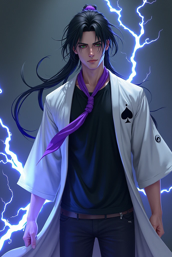 Make a man with long hair tied up in a purple tie, green eyed, wearing a black t-shirt, white robe with spade logo on his back, then the person is using black electrical power 
