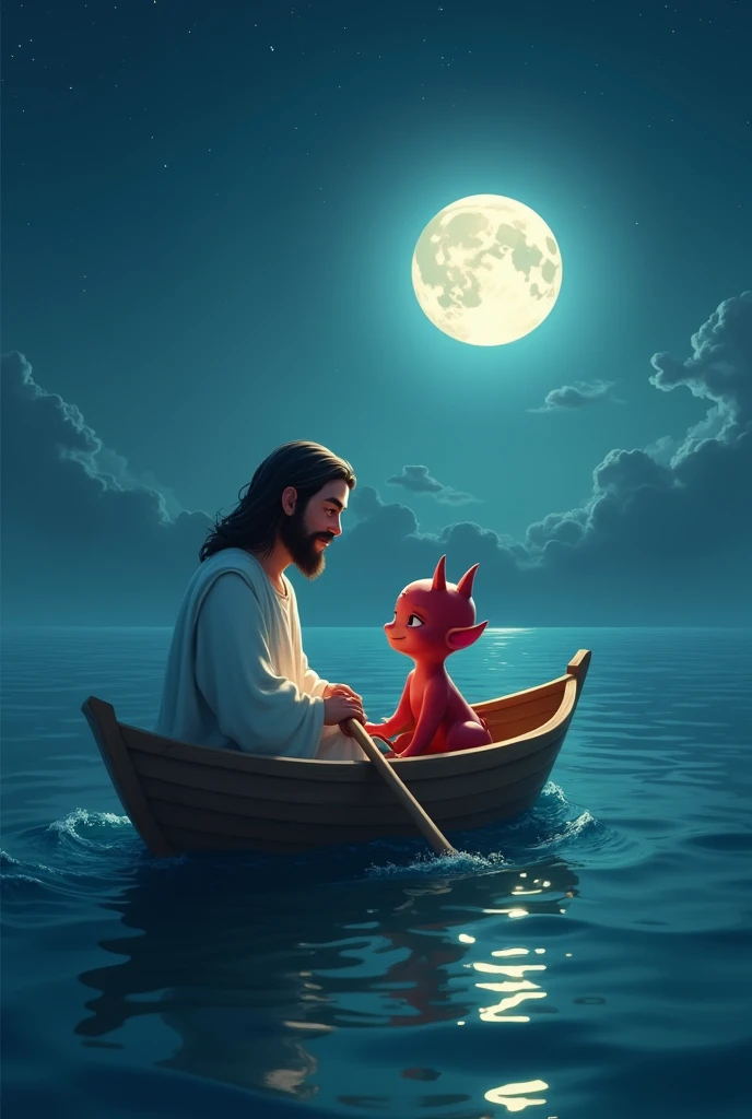 "On a calm, moonlit ocean, Jesus and the cute red devil sit together in a small wooden boat. Jesus, dressed in his white robes, is at the helm, steering the boat with a peaceful expression on his face. The cute devil, with tiny horns and pink ears, sits close by, looking up at Jesus with a mix of curiosity and trust. The soft glow of the moon reflects off the gentle waves, creating a serene and almost magical atmosphere. The boat drifts quietly through the water, surrounded by the vastness of the sea under the night sky. The scene is depicted in hyper-realistic, ultra HD quality, with every detail of the boat, water, and characters brought to life with rich, vivid colors."