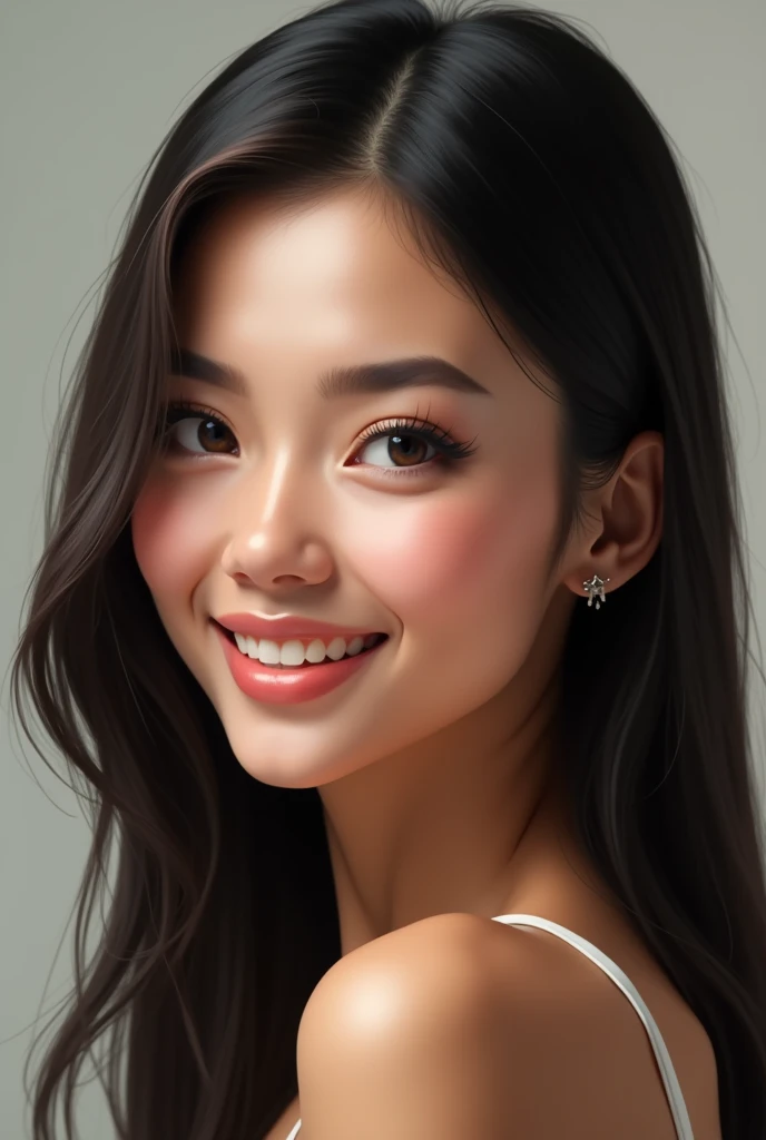 Create a realistic portrait of a woman with light brown skin, almost white. She has long, straight black hair with subtle brown highlights. Her eyes are a light brown, with slightly elongated lashes that enhance her seductive, focused gaze. She has well-shaped eyebrows that are natural and not overly done. Her face is slightly diamond-shaped, with finely chiseled features. Her nose is perfectly proportioned, thin, and she has a small, discreet nose piercing. Her lips are medium-sized, slightly pink, and beautifully defined. She has white teeth that complement her bright, attractive smile. The overall appearance is elegant and balanced, with nothing exaggerated.