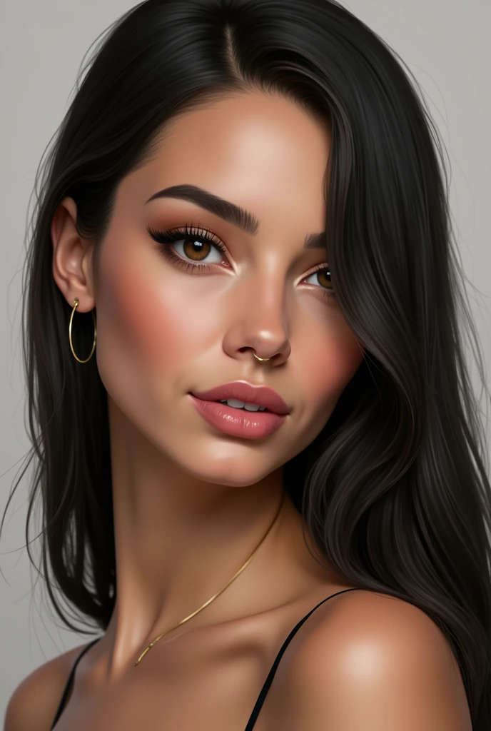 Create a realistic portrait of a woman with light brown skin, almost white. She has long, straight black hair with subtle brown highlights. Her eyes are a light brown, with slightly elongated lashes that enhance her seductive, focused gaze. She has well-shaped eyebrows that are natural and not overly done. Her face is slightly diamond-shaped, with finely chiseled features. Her nose is perfectly proportioned, thin, and she has a small, discreet nose piercing. Her lips are medium-sized, slightly pink, and beautifully defined. She has white teeth that complement her bright, attractive smile. The overall appearance is elegant and balanced, with nothing exaggerated.