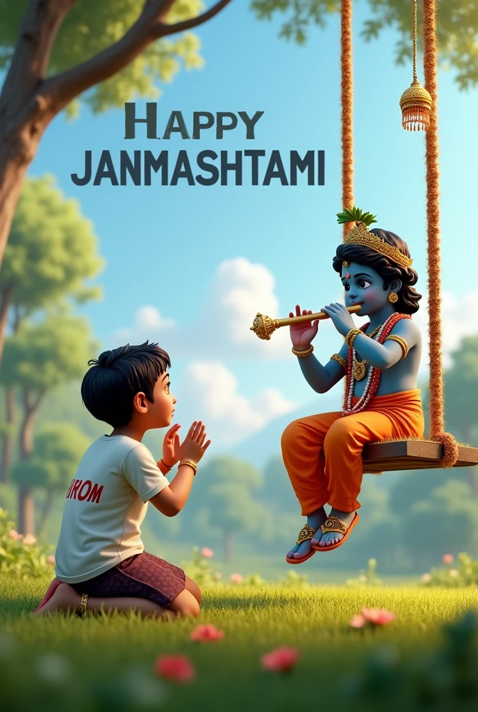create a 3D realistic picture "A boy is worshiping Shree Krishna and Shree krishna is sitting on a swing and playing flute and "hariom
" is written on the boy's t-shirts and the boy is worshiping and in the background "Happy Janmashtami" is written in bold font clearly, make sure everything should be correct