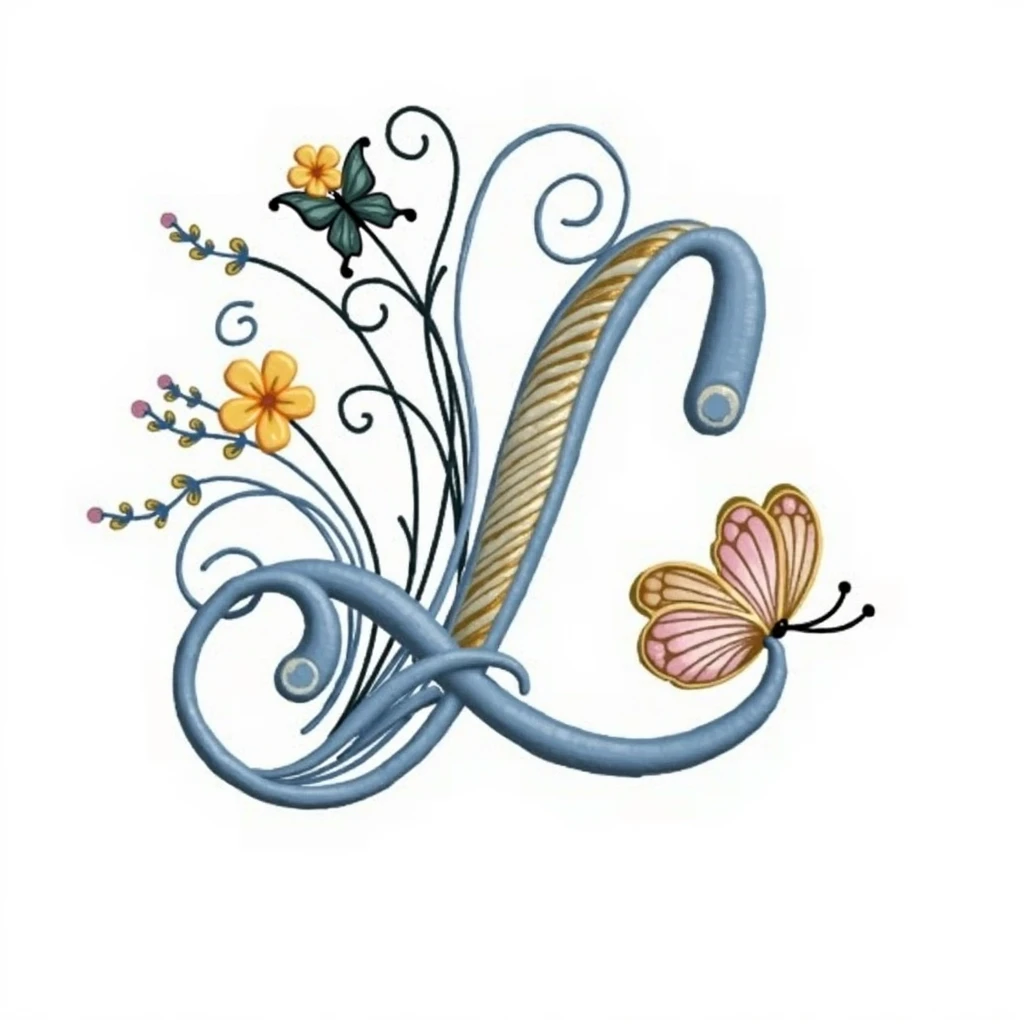 an image with a handwritten letter "L", intricate, with many twists, on a white background, that looks good and is subtly adorned with drawings of colorful flowers and butterflies around, the color palette to use is pale pink, lilac, soft yellow, pastel colors,