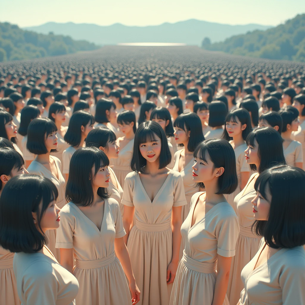 (((((Japanese Clone girls=Myself)))))), (((Best Super High quality Myself Clone girls Raw Photography Art))), (16K, Highest quality, Ultra-high resolution, RAW Photos), (((It's so unrealistic., With unparalleled depiction, With an unfathomable sight, An unprecedented and shocking worldview, Clone girls in a world of mass reproduction, Ultra-realistic))), (((Japanese, woman, 20yo, Saito-Asuka))), (Small face, ((Thick black hair, Semi-long hair))), ((V-neck short-sleeve dress)), (((((Very detailed美しい女体, Accurate body structure, Very detailed完璧な, Super busty body with very large breasts, Clearly emphasizes cleavage))))), (((Dark Eyes, Mature face, Cute Smile, A gentle gaze))), (((Her happy and smiling expression is so cute))), ((((((((Very detailed分身増殖描写, ((1girl→Myself cloning→1,000,000,000,000,000,000,000,000,000,000,000,000,000,000,000,000,000,000,000,000Myself Clone girls)))))))))), ((((((((Very detailed, The precise depiction of the proliferation of Myself Clone girls, ((With the perfectly identical bodies of Myself clone girls, With the exact same face as the Myself clone girls, With the exact same hairstyle as the Myself clone girls, In the exact same clothes as the girls who are my clones, Perfectly the same height as the Myself clone girls, Super big breasts, just like the Myself clone girls)))))))))), (((Myself clone girls only))), (((Multiple pairs, Very detailed depiction, (Myself clone girls hug each other, Myself clone girls assemble, Fun conversations with fellow Myself clone girls, A fun conversation between Myself clone girls, Myself clone girls holding hands, Walking with lots of Myself clone girls)))), (((Everyone looks at the camera))), (((Unbelievably crowded, Transcendent Myself clone girls intimately, Countless Myself clone girls surround you in 360 degrees))), (Bright, soft sunlight), (((Very wide field of view, Very detailed, Detailed ultra-perspective depiction with clear depth, super wide top view))), (((((Where there is a curved slope))))), (((Very photographic and detailed depiction, Myself clone girls will multiply infinitely and fill the surroundings from one side to the horizon with their bodies tightly packed together without any gaps., A scene of endless Myself clone girls and a fun atmosphere))), (Focus on the average value of the image)