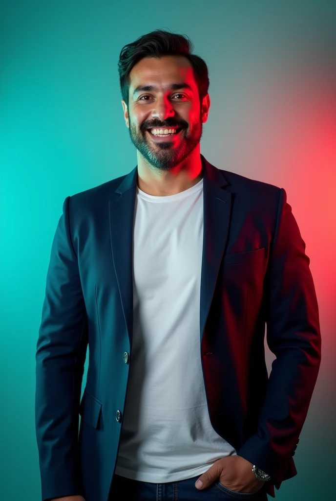 A  man body weight 82 kg with dark hair and a confident smile. Litte beard fatty face , He is dressed in a nevy blue blazer over a white T-shirt. The man is positioned against aqua colour backdrop with a subtle red lighting on the left side. And he posing linkedin profile 