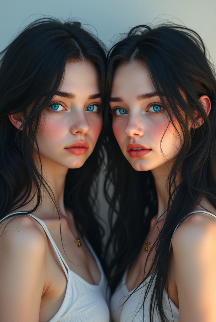 age Twin Sisters, skin fair, Royal blue eyes, Bblack hair, one with long hair, with different personalities