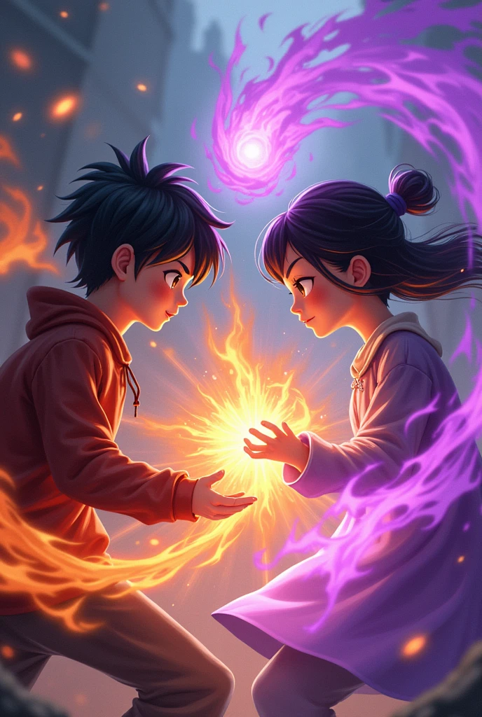 Make the boy use wind powers and the girl fire powers they fight boys wind blade is orange and the girls fire whirwind purple theyre favorite colors and they have black hair make the orange slight light orange look like its wind make him that he makes wind blade on hes hand hers firy purpke and he has only wind