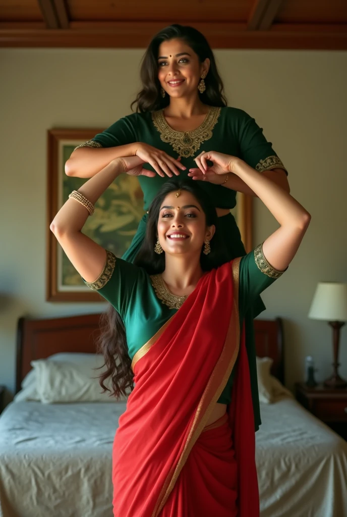 Beautiful and Slim Indian woman Aishwarya Rai in green satin blouse red saree , tied hair bun, lifting a large chubby man above her shoulders, man is sitting on woman's shoulders, natural smile, in a bedroom with high ceiling , full body view