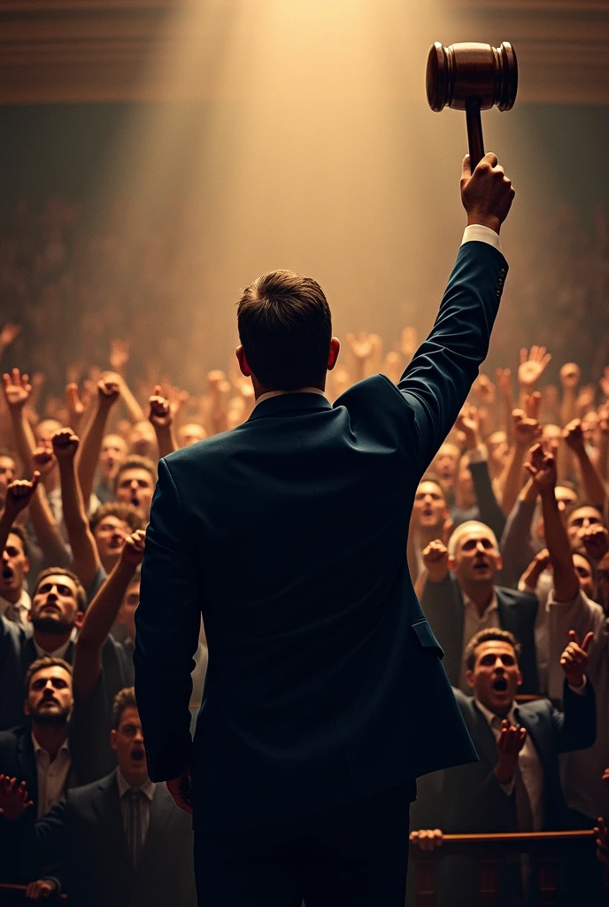 An auctioneer with his back turned holding a gavel high and a crowd in the background with their hands raised