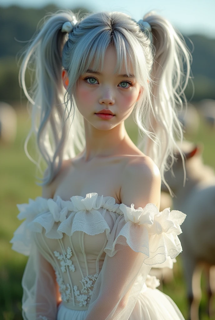 Georgeous, Beautiful, Cute, Baby Face, 1, White Skin, Cleavage, ((Large Colossal Breast:1.3)), Sleeveless, Off Shoulder, Strapless, ((Transparent:1.3)), ((White Long Lolita Dress)), (Embroidery), Posing, ((Silver Hair)), ((Bright Blue Eye)), ((Muscles:1.3)), ((Bokeh:1.3)), Animal Farmer Background, Masterpiece, Twintails