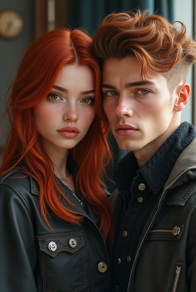 Red-haired girl with shoulder-length hair in a Nordic style, medium bust, and rocker-style clothes/grunge light brown eyes next to boyfriend with medium hair in rock quiff style Billy in realism