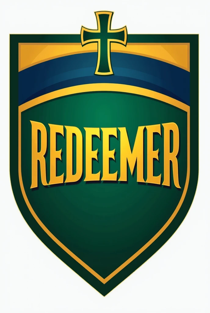 Crie um escudo de time de futebol com the name Redeemer O formato do escudo é retangular com bordas arredondadas A base do escudo é predominantemente verde, with yellow and blue details, At the center, the name "Redeemer" is displayed in a robust and stylized typography, standing out in golden letters. Acima dthe name, a blue and gold horizontal stripe adds a touch of sophistication. The shield is framed by a thin golden border At the top of the shield, there is a subtle representation of a cross