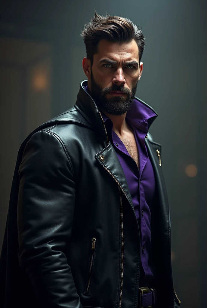 Male superhero with transformation power. naughty man, age 38. Caucasiano. stark, dark brown hair, greeneyes. Barba, cute daddy style. Wearing a black leather outfit with purple details