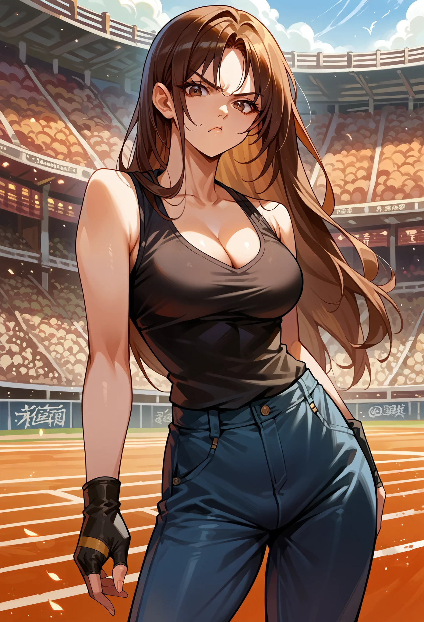 score_9, score_8_up, score_7_up, source_anime, 1girl, solo, (female:1.5), female focus, kyo_nest, brown hair, long hair, brown eyes, black shirt, blue pants, tight pants, chain, cleavage, sleeveless, fingerless gloves, public cheers, standing, pout, looking at you, coliseum