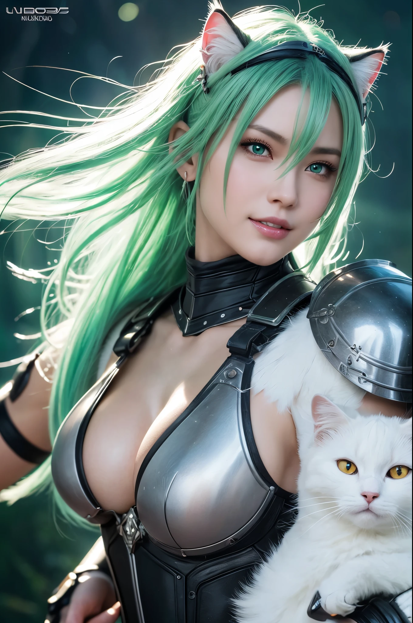 8k,Magnificent Fangs,white mohawk hair,A close-up of a girl wearing a white cat ear costume(Like the real thing) ,Muscular macho body,Gorgeous green and black armor,white mohawk hair,Lavish decoration,Green Eyes,Ultra-Realistic Skin,Fangs are visible from the mouth,Portrait of a Knight, ig model | ArtJam, Very detailed artgerm, Fan Art Best Art Station, 2. 5d cgi animation,Gorgeous Mature Paladin, Detailed digital anime art, Alexandra Fomina Art Station, ArtJam ; 3d unreal engine５,Ultra-high resolution,A kind smile,Strong,Highest quality photorealistic RAW photos。Backlight、Cinema Lighting、Film Grain、50mm lens、Nikon D850、Ultra-Realistic Skin、Fantasy art、Character Art、Ultra-high resolution、muscular and slim body、Ultra-Realistic Skin、Super Muscular Beauty,Clenching his fist and striking a dynamic pose,Showing cleavage,Super Muscular Beauty,Female bodybuilder body types,Very large breasts,