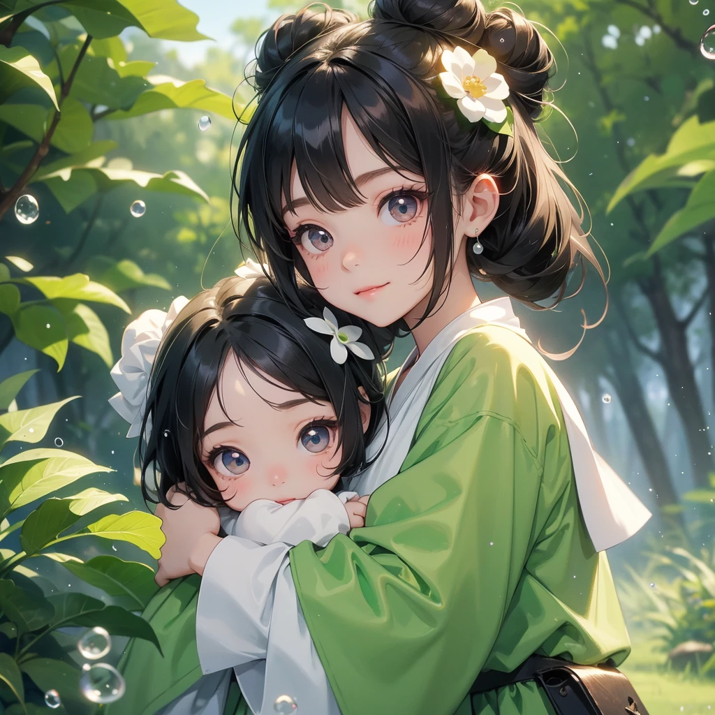 A chibi  girl had a small face and wearing a white little tourist priest’s outfit, a pair of big round eyes shone with curiosity about him. This childso cute, her hair is black with buns on her hair. Small chibi , chibi baby, smil, chibi. 

Background is trees, vegetables, lush green, with water drops after rain, with water droplets everywhere, green